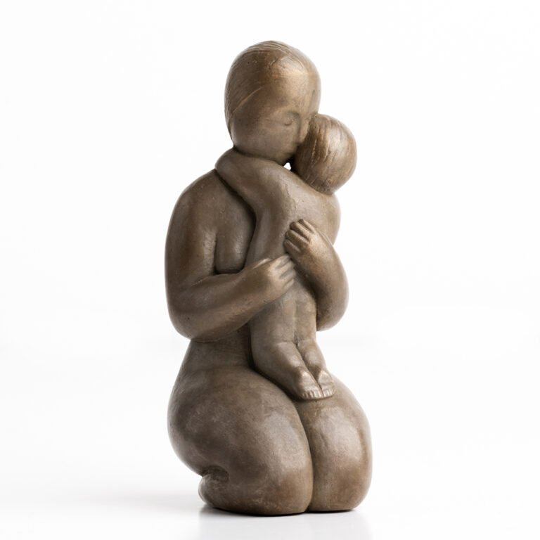 Mini Mother kneeling hugging child